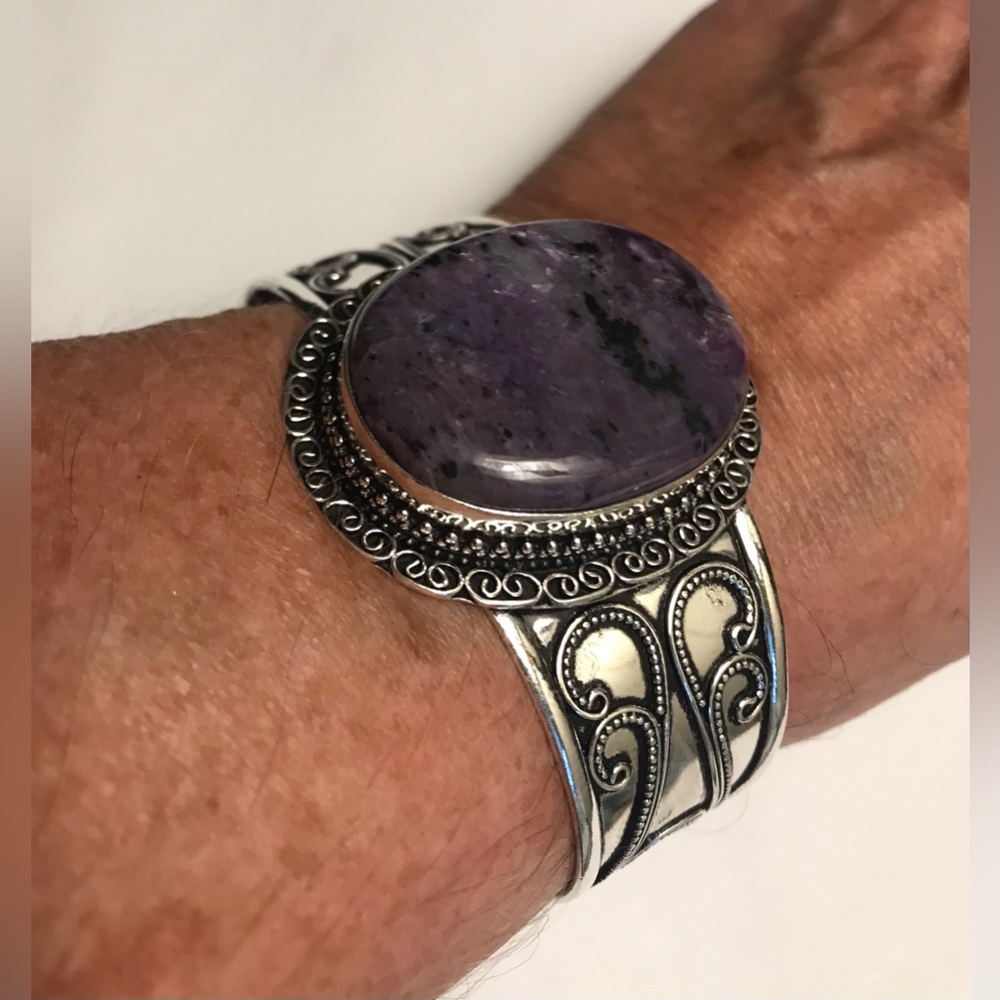 Charoite Stamped 925 Sterling Silver Cuff Bracelet